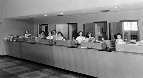 1965 image of Central Bank interior with lady tellers
